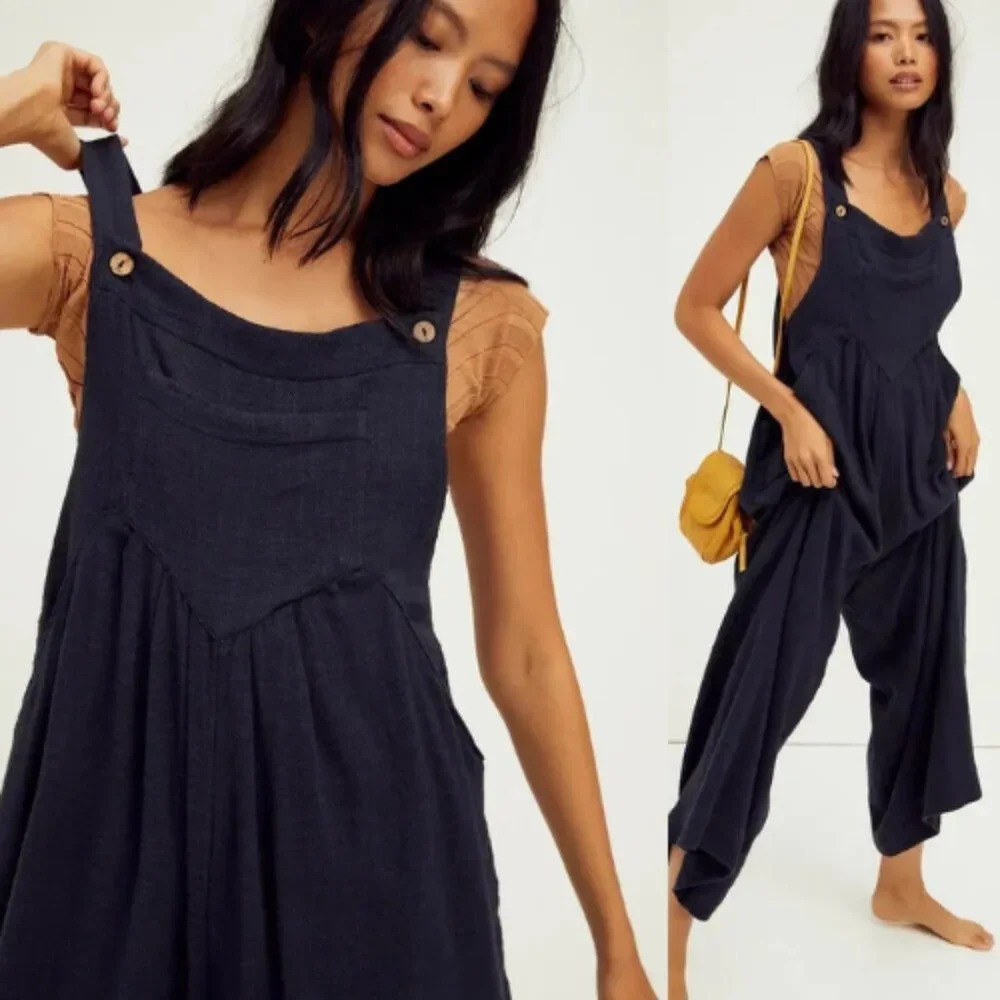 New! Free People Sun Drenched Overalls Onesie Jumpsuit in Black 28030